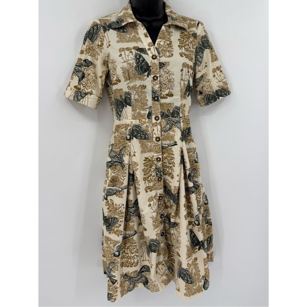 Anthropologie Girls from Savoy Alary Corduroy Shirt Dress | Cream Bird Print | 2 - Picture 1 of 8
